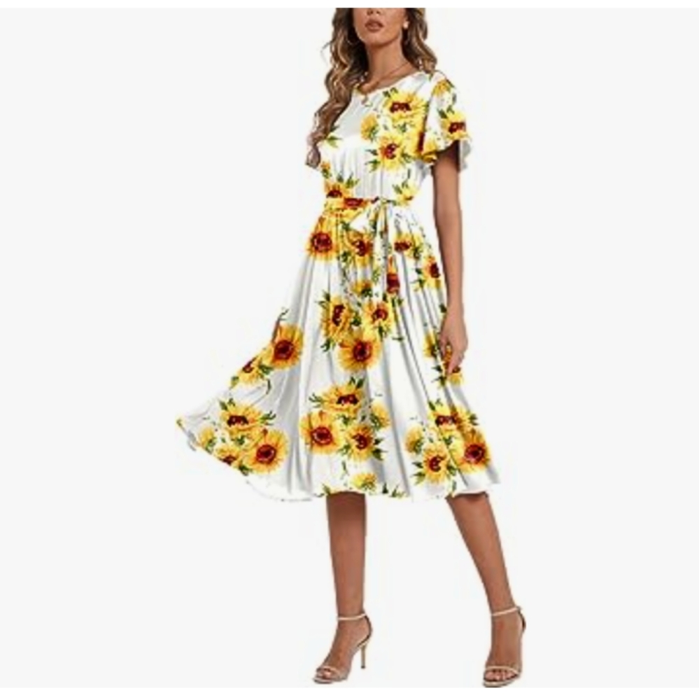 PLUS SIZE NILOUFO Womens  Ruffle Sleeves Belted Elastic Waist Pleated Long Dress